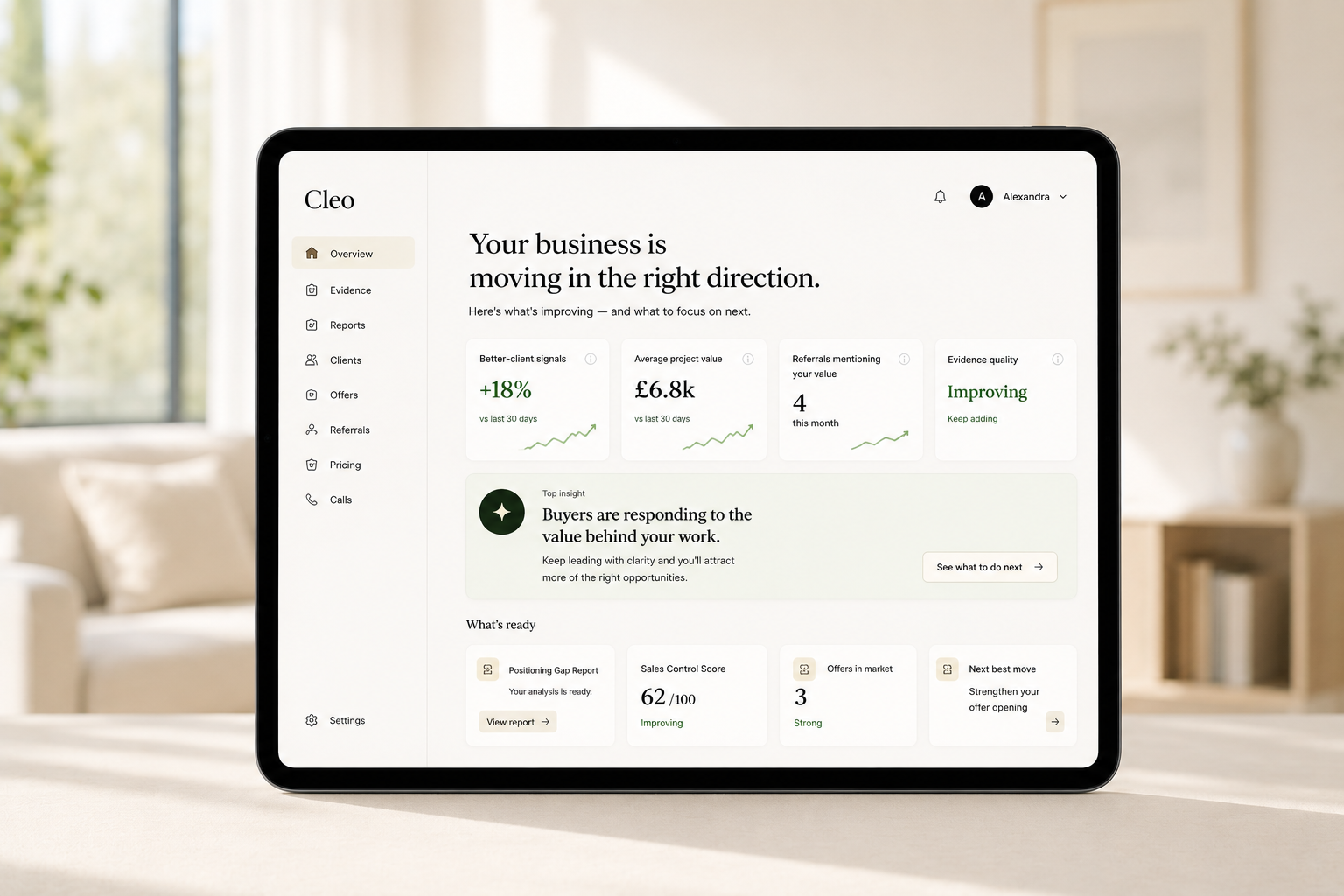 Cleo iPad dashboard showing business signals, reports, and next moves